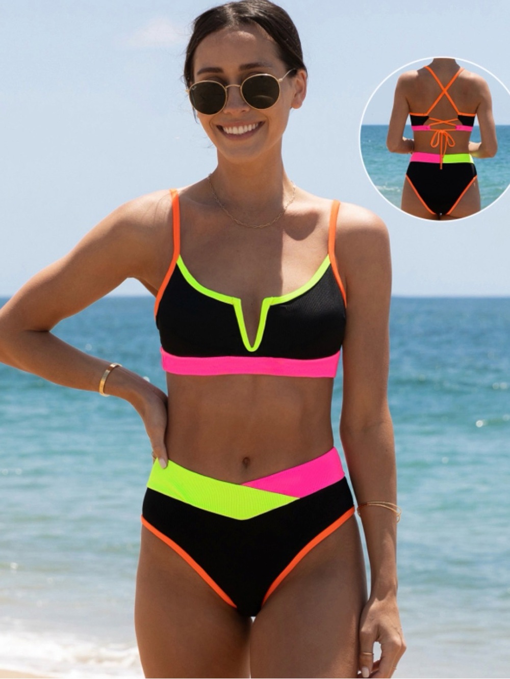 Popvil ~ Black High-Waist Bikini Set with Neon Pink, Neon Yellow & Orange Trim